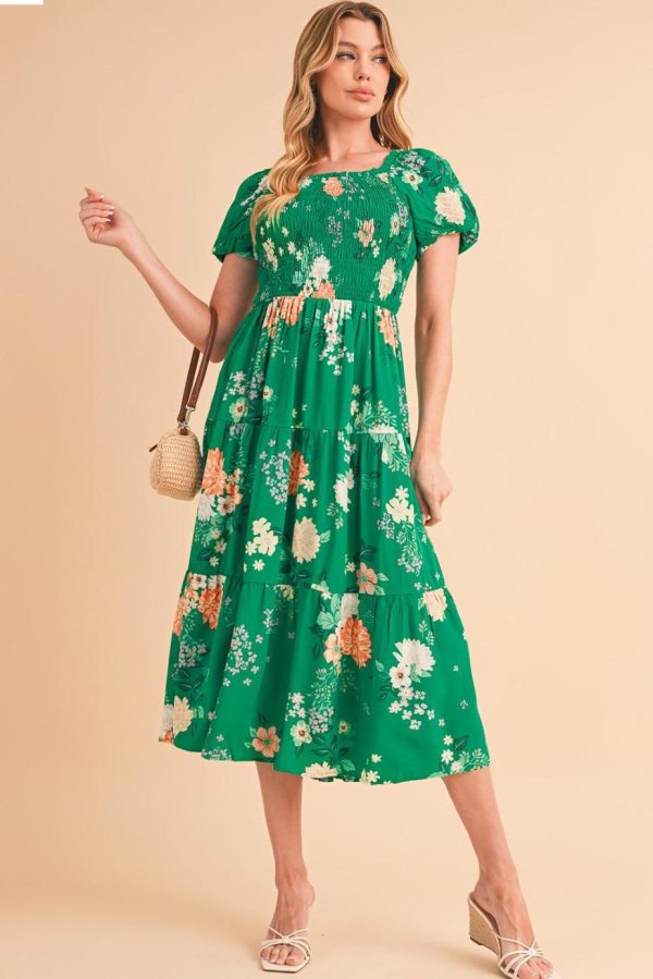 Midi Dresses | Women Green Floral Print Bubble Sleeve Smocked Tiered Midi Dress - Image 3