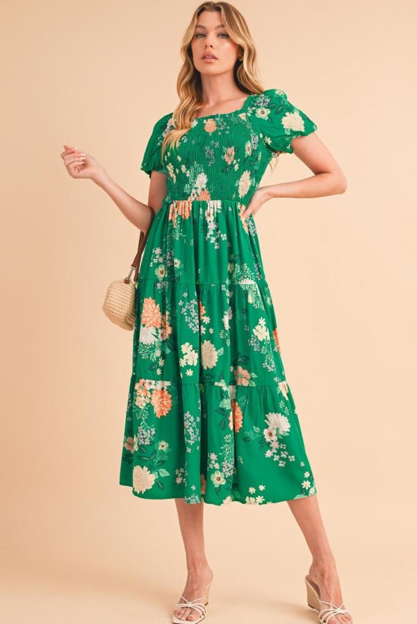 Midi Dresses | Women Green Floral Print Bubble Sleeve Smocked Tiered Midi Dress - Image 4