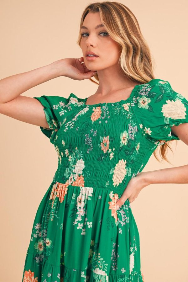 Midi Dresses | Women Green Floral Print Bubble Sleeve Smocked Tiered Midi Dress - Image 5