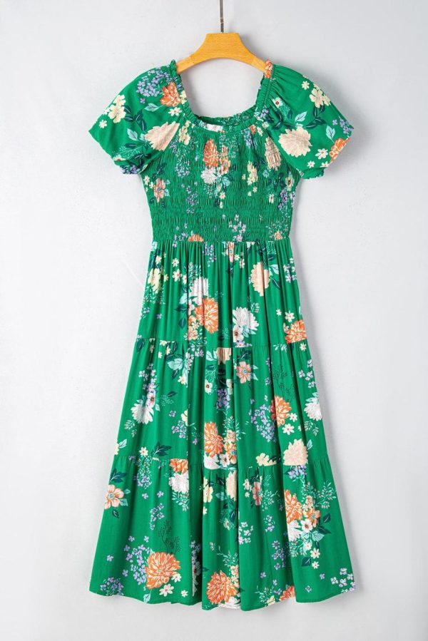 Midi Dresses | Women Green Floral Print Bubble Sleeve Smocked Tiered Midi Dress - Image 6