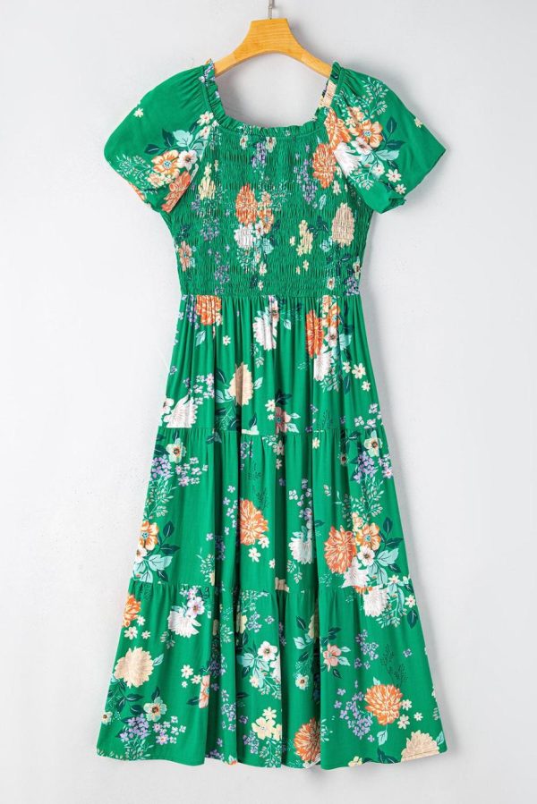 Midi Dresses | Women Green Floral Print Bubble Sleeve Smocked Tiered Midi Dress - Image 7