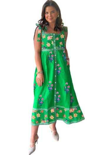 Midi Dresses | Women Green Floral Print Contrast Trim Knotted Straps Midi Dress