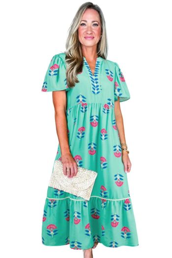 Midi Dresses | Women Green Floral Print Notched Neck Flounce Sleeve Midi Dress