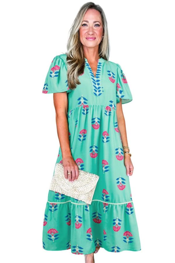 Midi Dresses | Women Green Floral Print Notched Neck Flounce Sleeve Midi Dress