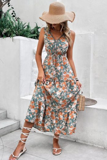 Midi Dresses | Women Green Floral Print Trimmed V Neck Sleeveless Vacation Dress