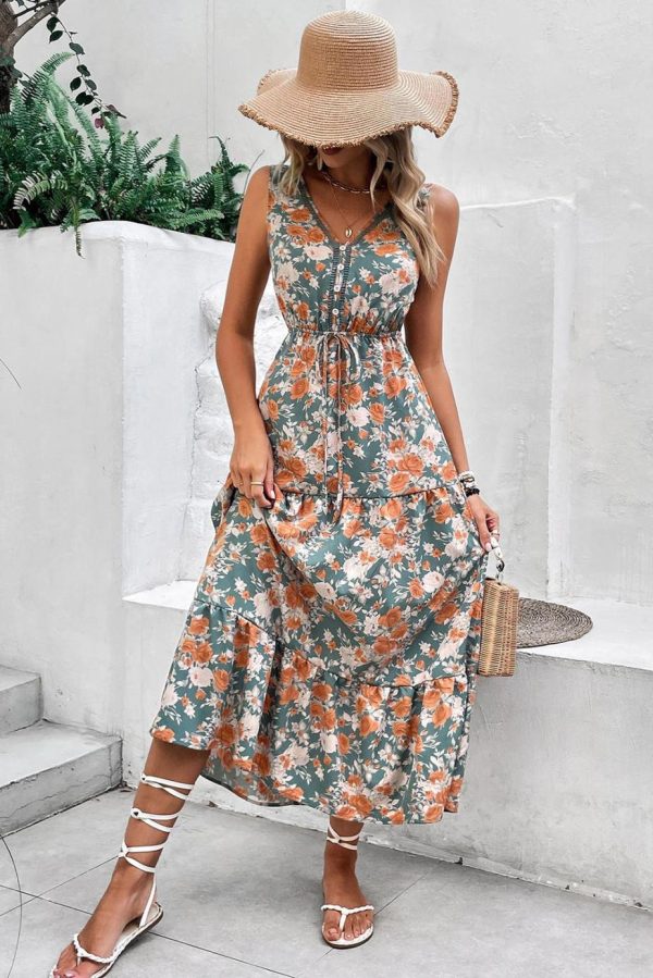 Midi Dresses | Women Green Floral Print Trimmed V Neck Sleeveless Vacation Dress