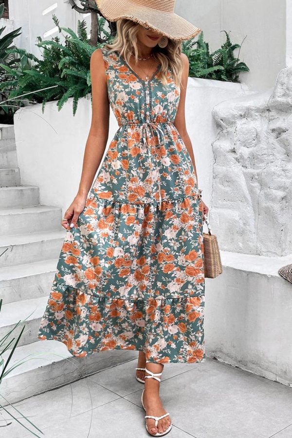 Midi Dresses | Women Green Floral Print Trimmed V Neck Sleeveless Vacation Dress - Image 3