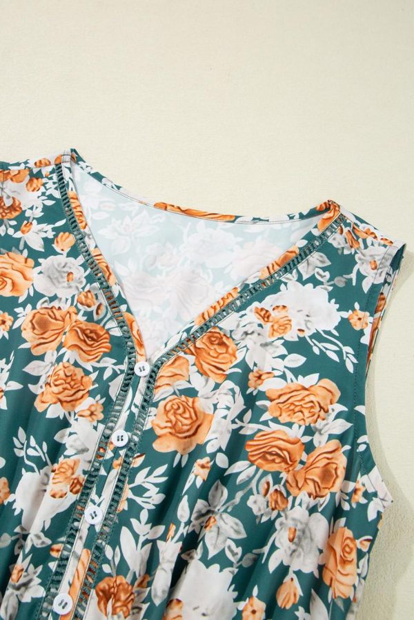 Midi Dresses | Women Green Floral Print Trimmed V Neck Sleeveless Vacation Dress - Image 4