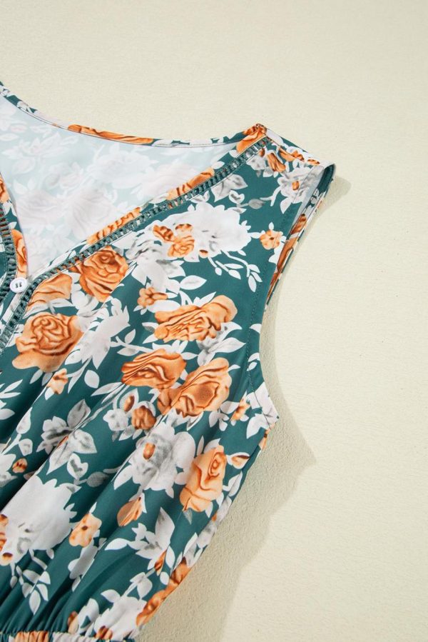 Midi Dresses | Women Green Floral Print Trimmed V Neck Sleeveless Vacation Dress - Image 5