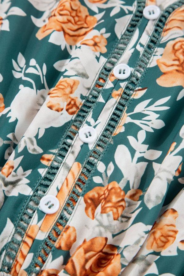 Midi Dresses | Women Green Floral Print Trimmed V Neck Sleeveless Vacation Dress - Image 6