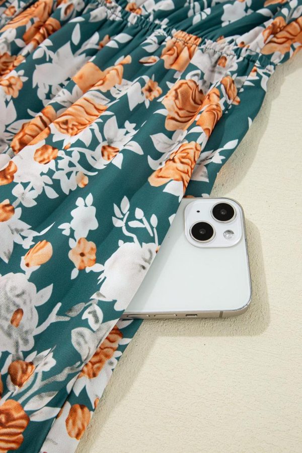 Midi Dresses | Women Green Floral Print Trimmed V Neck Sleeveless Vacation Dress - Image 7