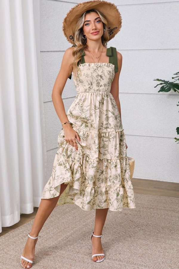 Midi Dresses | Women Green Floral Smocked High Waist Tiered Midi Dress - Image 3
