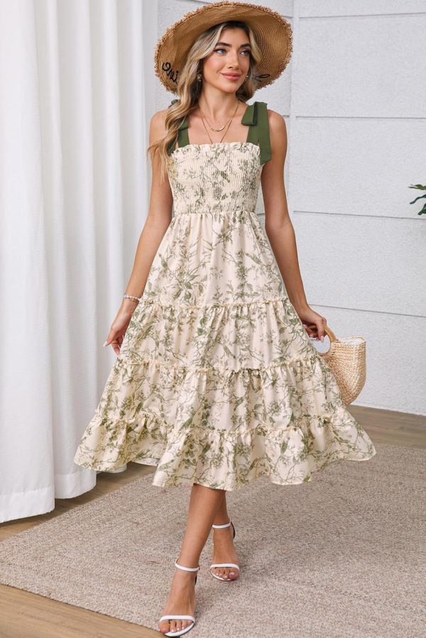 Midi Dresses | Women Green Floral Smocked High Waist Tiered Midi Dress - Image 4