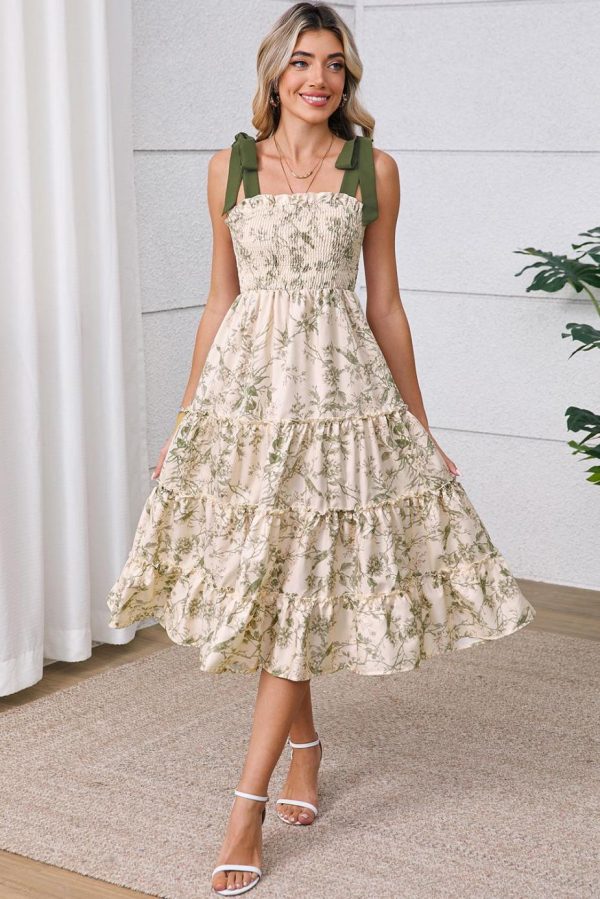 Midi Dresses | Women Green Floral Smocked High Waist Tiered Midi Dress - Image 5