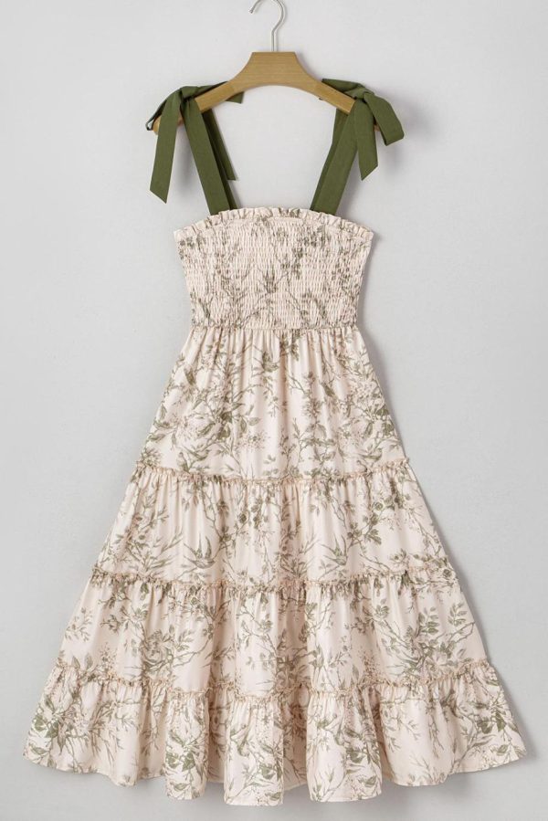 Midi Dresses | Women Green Floral Smocked High Waist Tiered Midi Dress - Image 7