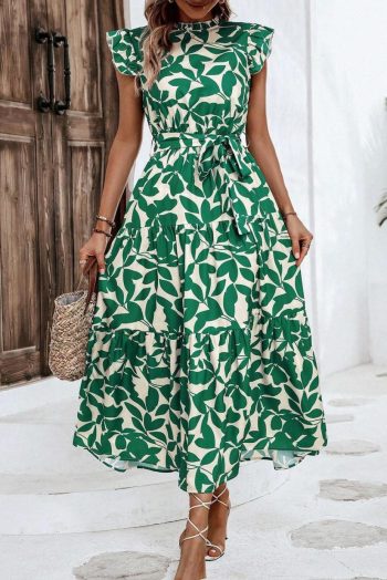 Midi Dresses | Women Green Leaf Print Ruffle Mock Neck High Waist Sleeveless Dress