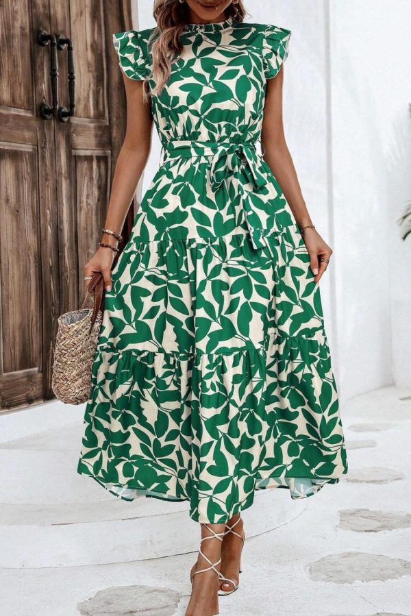 Midi Dresses | Women Green Leaf Print Ruffle Mock Neck High Waist Sleeveless Dress