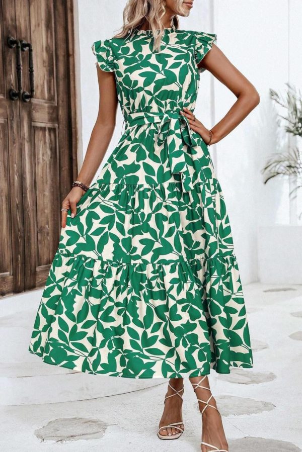Midi Dresses | Women Green Leaf Print Ruffle Mock Neck High Waist Sleeveless Dress - Image 2