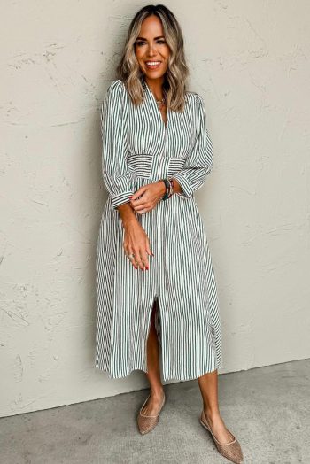 Midi Dresses | Women Green Striped V Neck Zip Front Cinched High Waist Midi Dress
