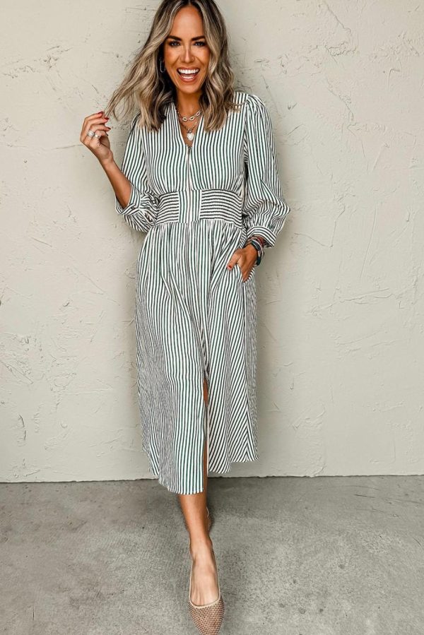 Midi Dresses | Women Green Striped V Neck Zip Front Cinched High Waist Midi Dress - Image 2