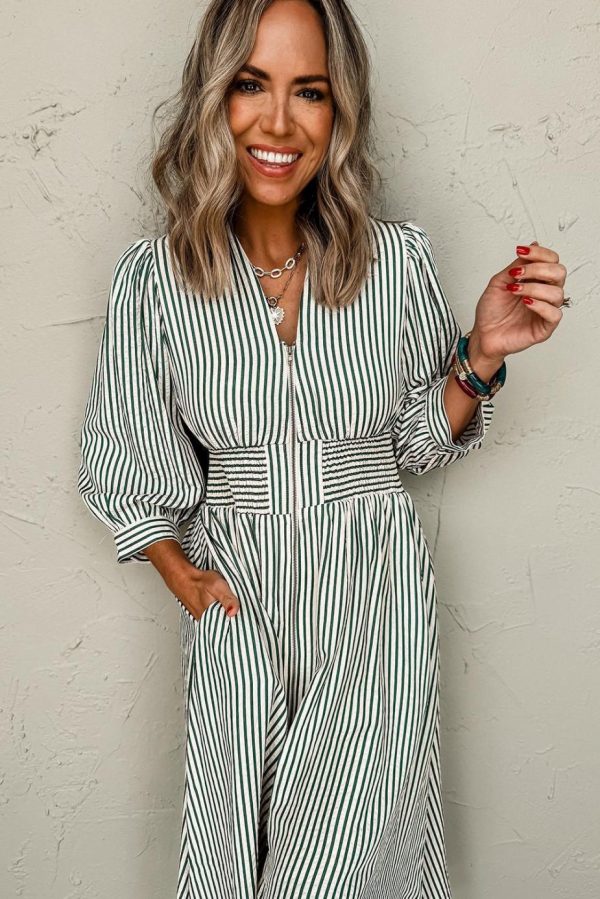 Midi Dresses | Women Green Striped V Neck Zip Front Cinched High Waist Midi Dress - Image 3