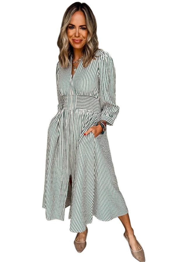 Midi Dresses | Women Green Striped V Neck Zip Front Cinched High Waist Midi Dress - Image 5