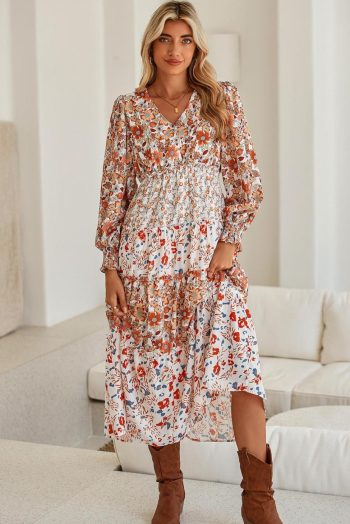 Midi Dresses | Women Khaki Floral Print Ruffled Tiered Long Sleeve V Neck Midi Dress