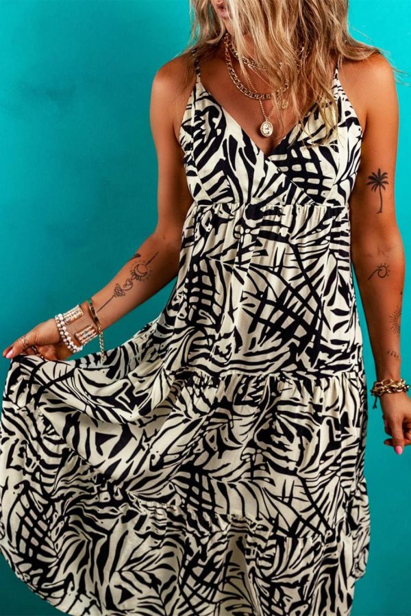 Midi Dresses | Women Khaki Tropical Palm Print Wrapped V Neck Spaghetti Straps Tiered Dress - Image 2