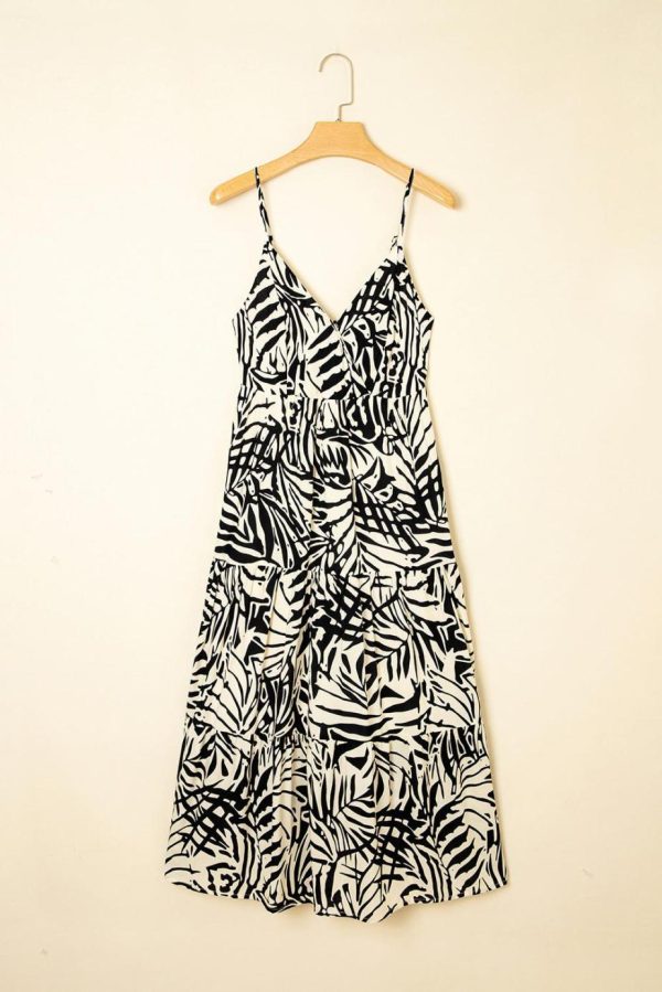 Midi Dresses | Women Khaki Tropical Palm Print Wrapped V Neck Spaghetti Straps Tiered Dress - Image 3