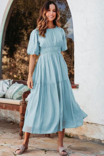 Midi Dresses | Women Light Blue Puff Sleeve High Waist Flowy Midi Dress
