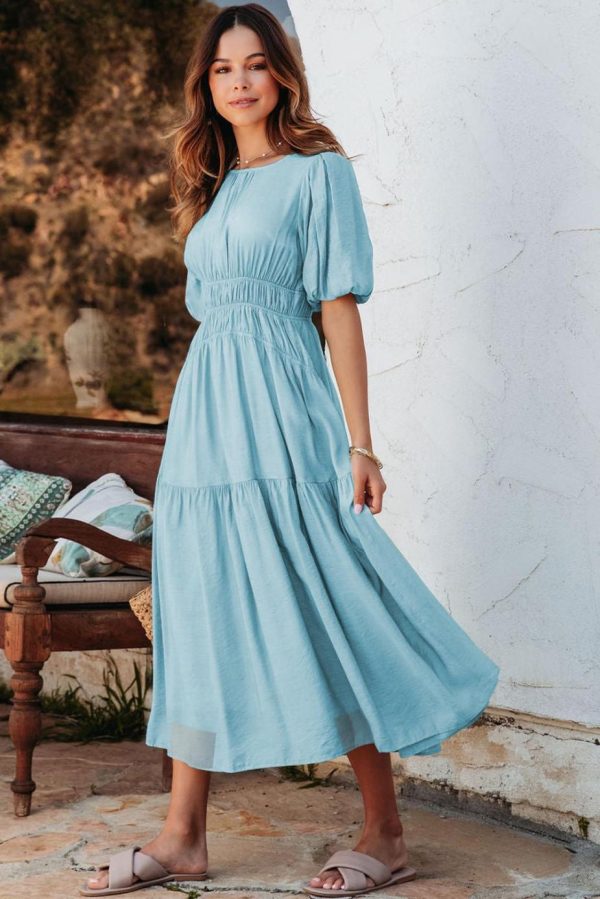 Midi Dresses | Women Light Blue Puff Sleeve High Waist Flowy Midi Dress - Image 2
