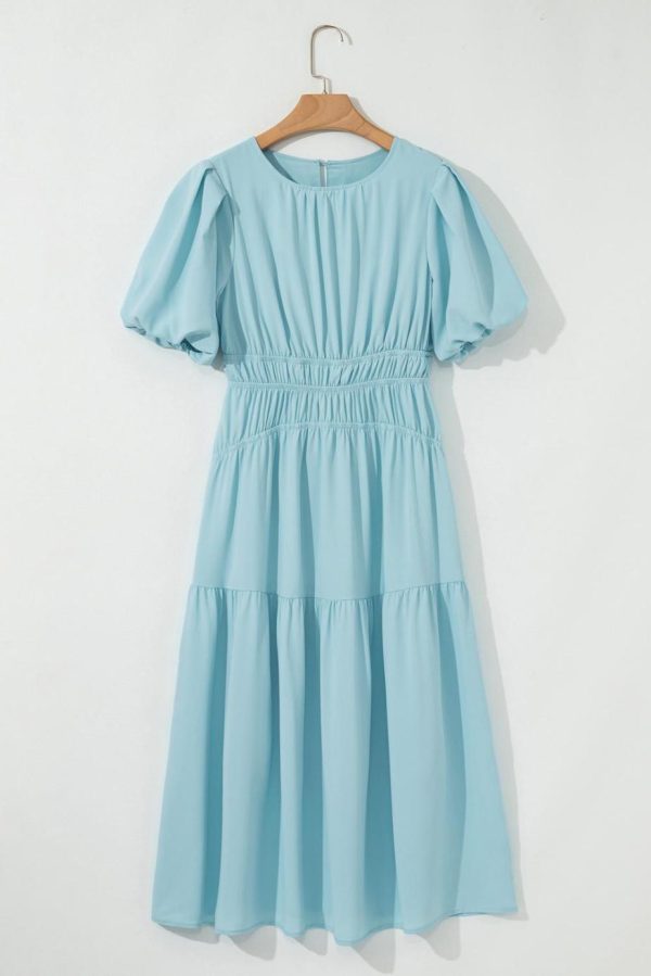 Midi Dresses | Women Light Blue Puff Sleeve High Waist Flowy Midi Dress - Image 3