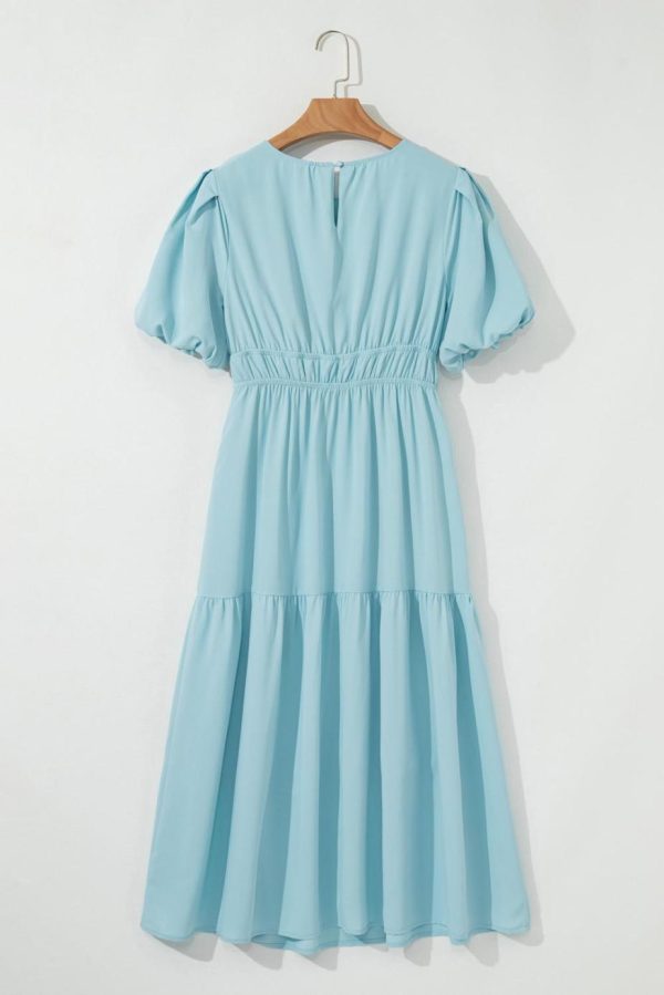 Midi Dresses | Women Light Blue Puff Sleeve High Waist Flowy Midi Dress - Image 4