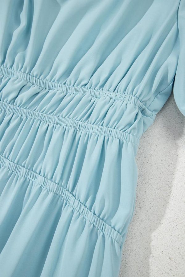 Midi Dresses | Women Light Blue Puff Sleeve High Waist Flowy Midi Dress - Image 7