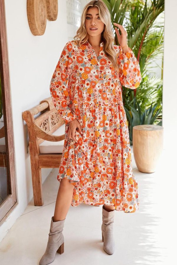Midi Dresses | Women Multicolor Boho Floral Collared Long Sleeve Dress - Image 2