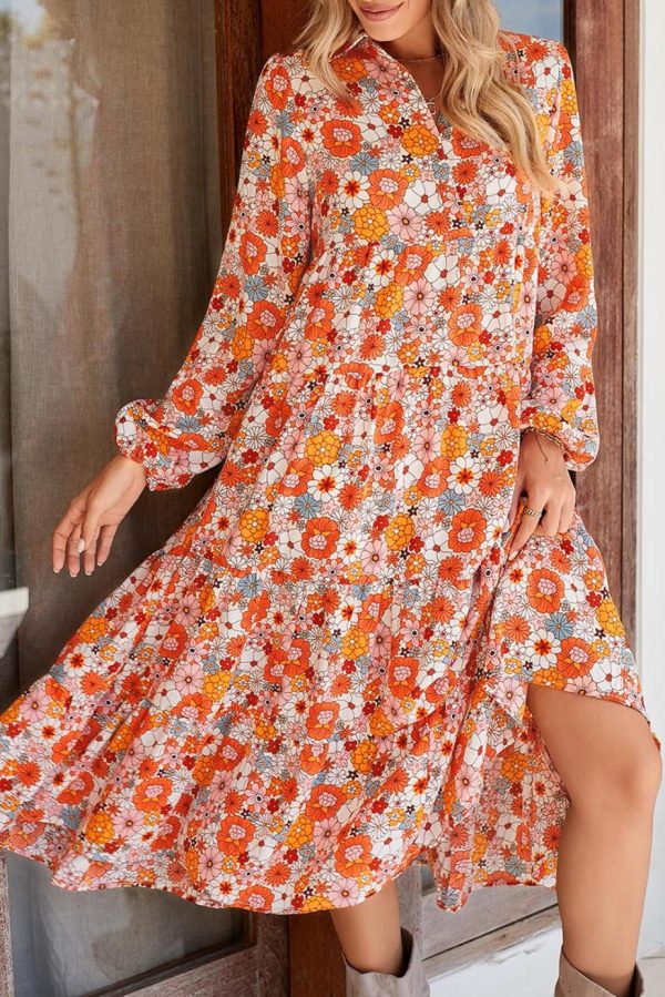 Midi Dresses | Women Multicolor Boho Floral Collared Long Sleeve Dress - Image 3