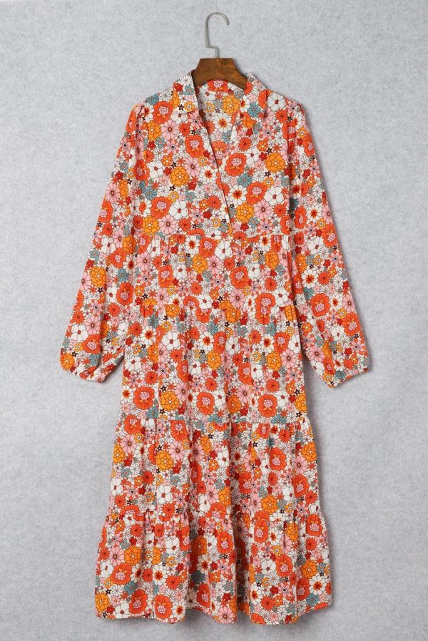Midi Dresses | Women Multicolor Boho Floral Collared Long Sleeve Dress - Image 4