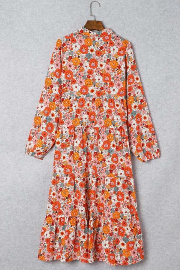 Midi Dresses | Women Multicolor Boho Floral Collared Long Sleeve Dress - Image 5