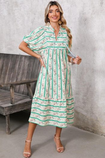 Midi Dresses | Women Multicolor Boho Floral Striped Tie V Neck Long Dress