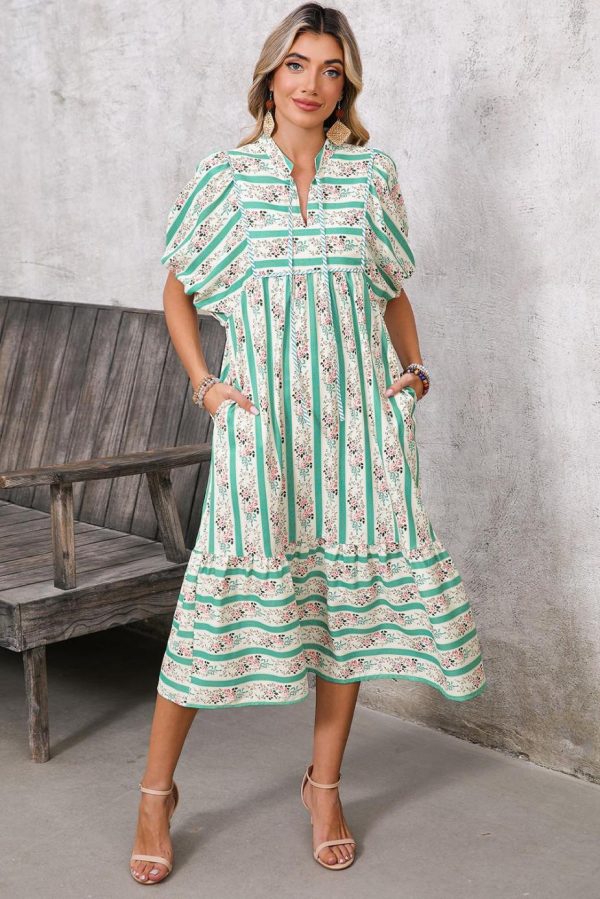 Midi Dresses | Women Multicolor Boho Floral Striped Tie V Neck Long Dress - Image 2