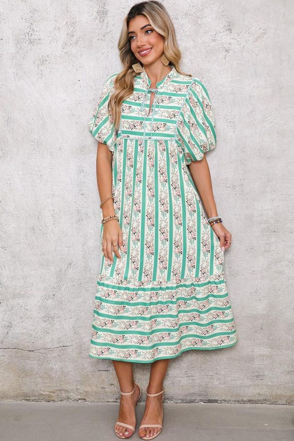 Midi Dresses | Women Multicolor Boho Floral Striped Tie V Neck Long Dress - Image 3