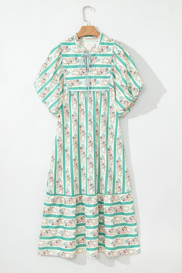 Midi Dresses | Women Multicolor Boho Floral Striped Tie V Neck Long Dress - Image 4