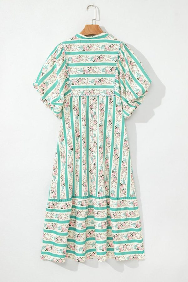 Midi Dresses | Women Multicolor Boho Floral Striped Tie V Neck Long Dress - Image 5