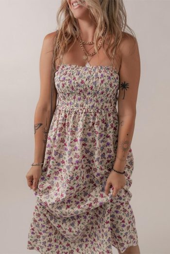 Midi Dresses | Women Multicolour Boho Floral Print Spaghetti Strap Flare Midi Dress