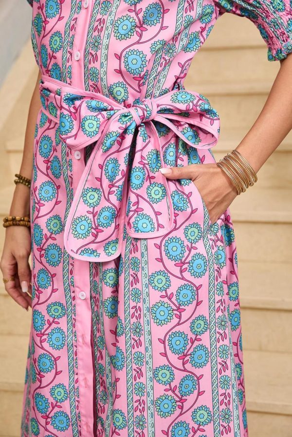Midi Dresses | Women Pink Boho Floral Shirred Short Sleeve Belted Dress - Image 7