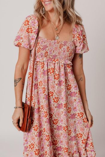 Midi Dresses | Women Pink Floral Square Neck Knotted Ruffle Midi Dress