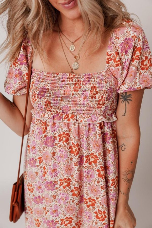 Midi Dresses | Women Pink Floral Square Neck Knotted Ruffle Midi Dress - Image 2