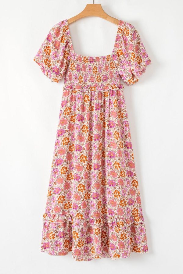 Midi Dresses | Women Pink Floral Square Neck Knotted Ruffle Midi Dress - Image 3