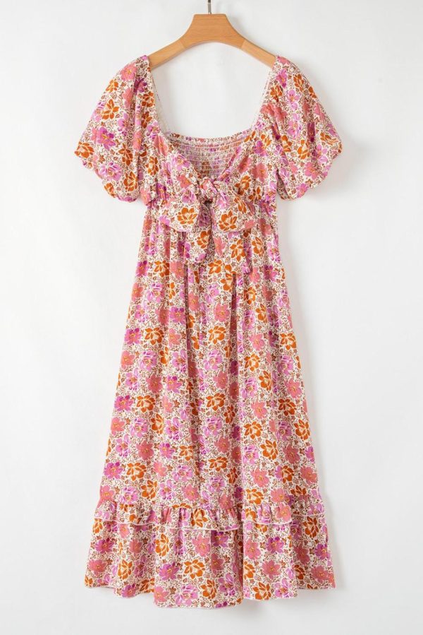 Midi Dresses | Women Pink Floral Square Neck Knotted Ruffle Midi Dress - Image 4