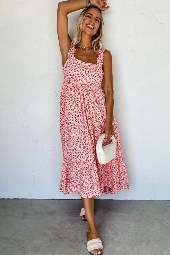 Midi Dresses | Women Pink Geometric Print Knot Back Sleeveless Ruffle Hem Dress